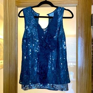 Like New Gorgeous Tracey Reese silver sequins, silk & lace overlay top - Petite